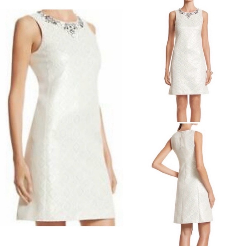 NWOT White House Black Market White Jeweled Neckline Metallic Jacquard Dress 00
